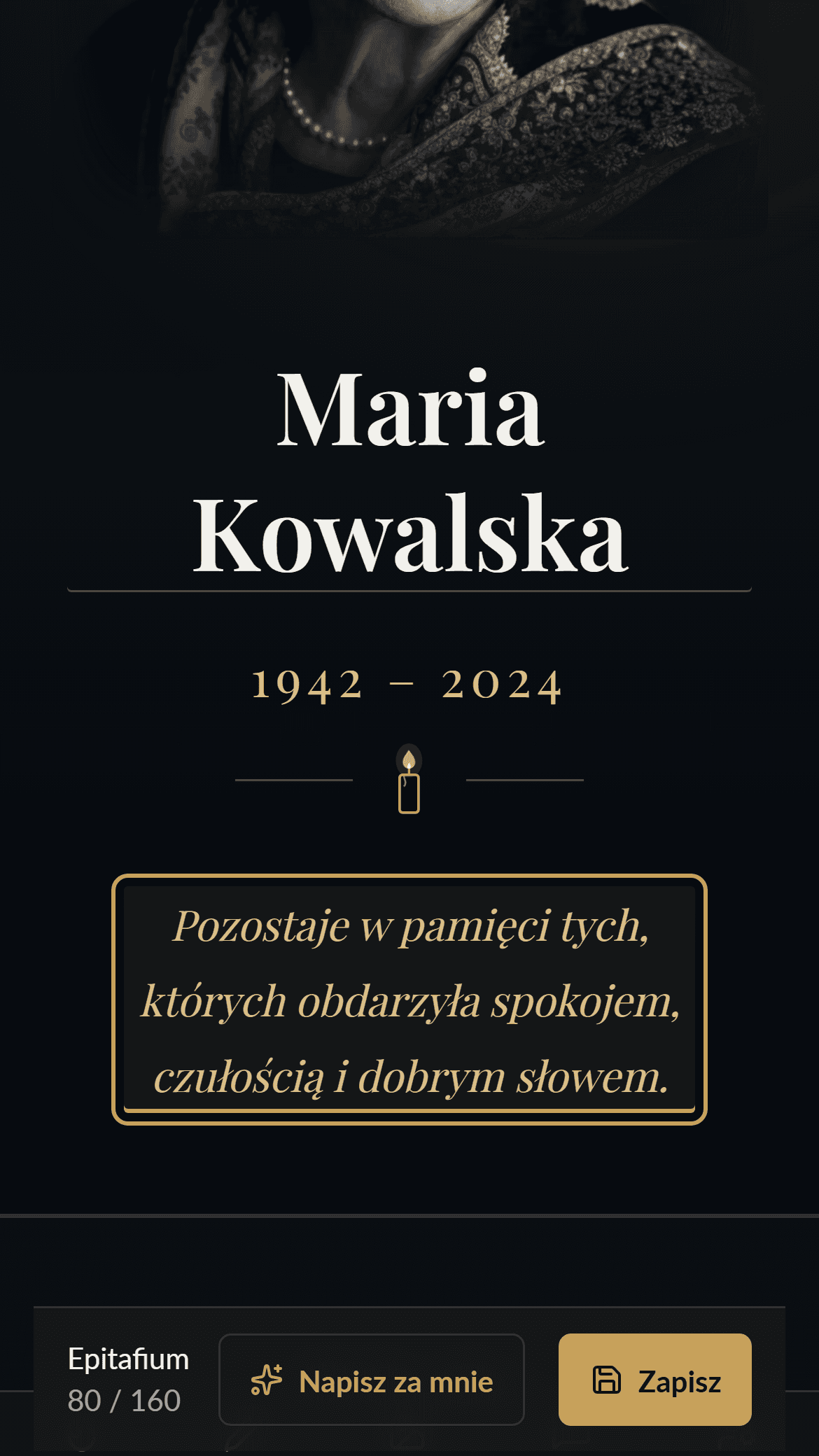 Edycja dusznika w telefonie: epitafium w złotej ramce, a na dole przyciski „Napisz za mnie” i „Zapisz”.